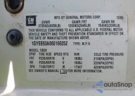 2006 Cadillac Srx V8 z USA, uszkodzony, nr VIN 1GYEE63A860166252